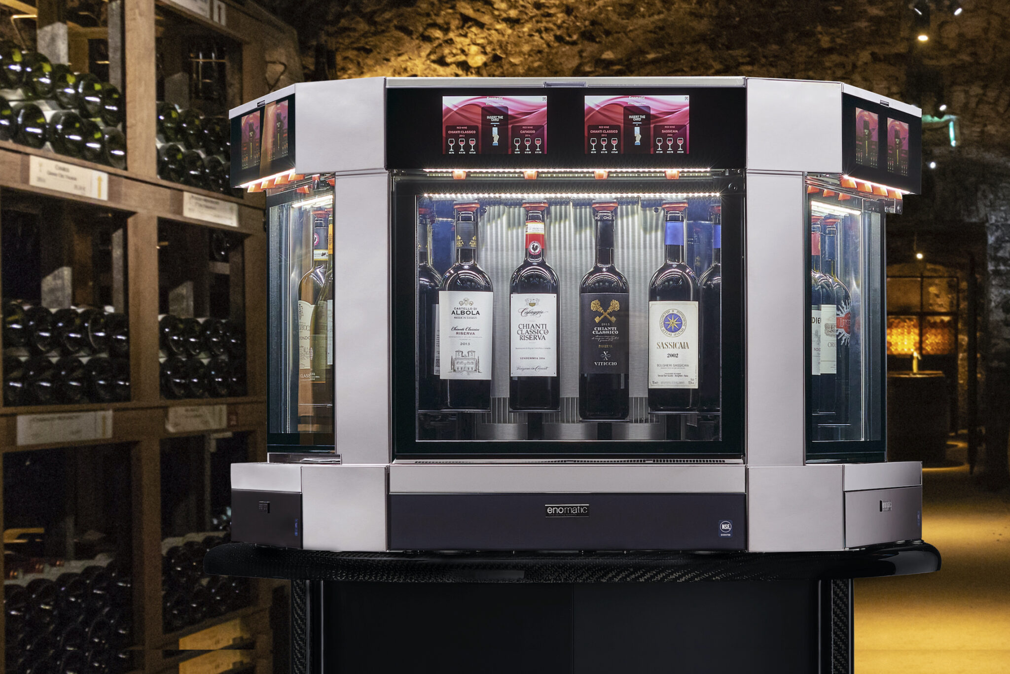 Unica modules joined at a corner in a stone wine cellar