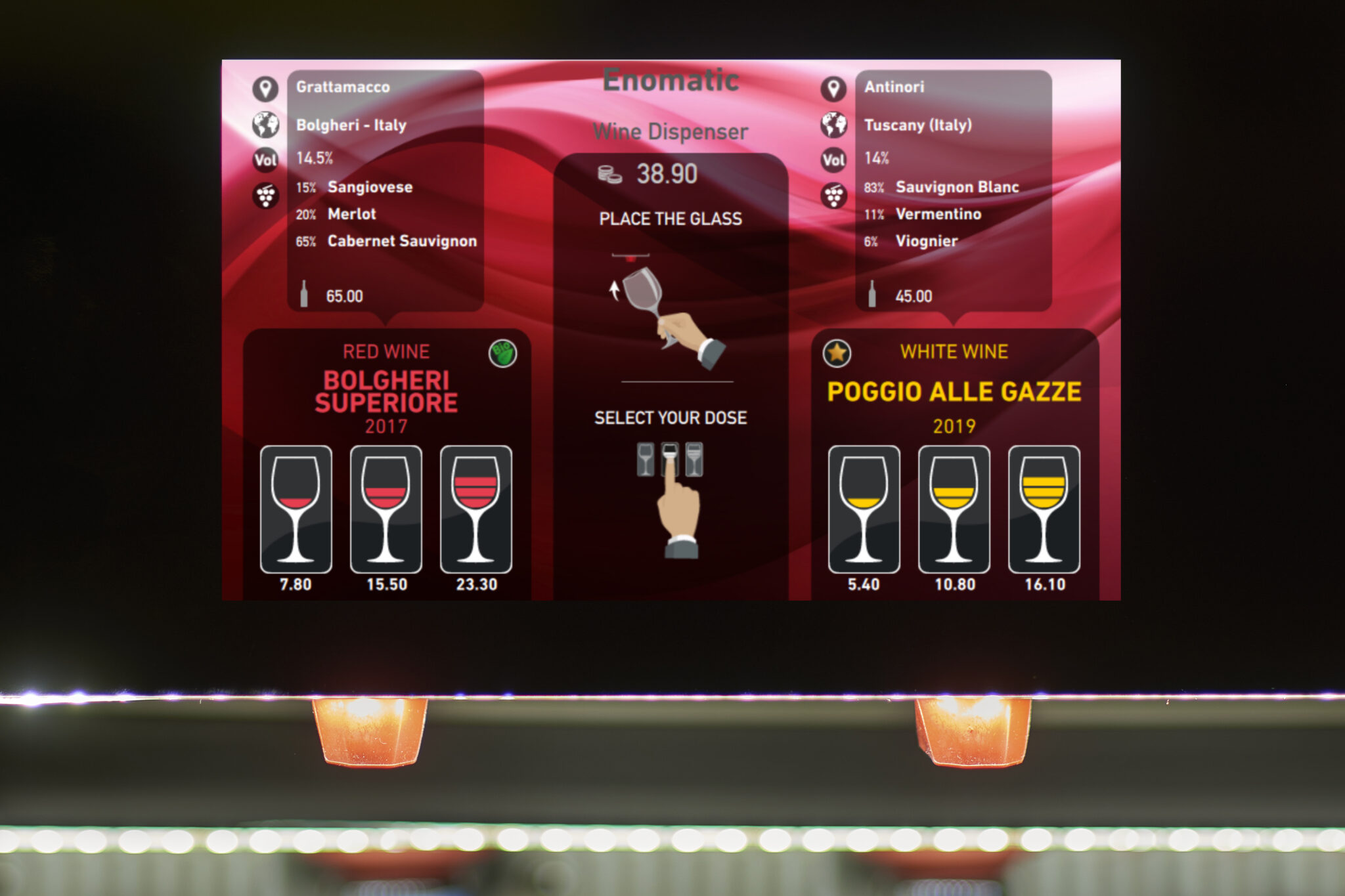 Unica 4 & 8R 5 Close-up of the Unica color touchscreen showing a wine selection and pour animation